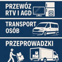 Grafika informacyjna: 24h pomoc techniczna, przewóz RTV i AGD, transport osób, przeprowadzki. Kontakt telefoniczny.