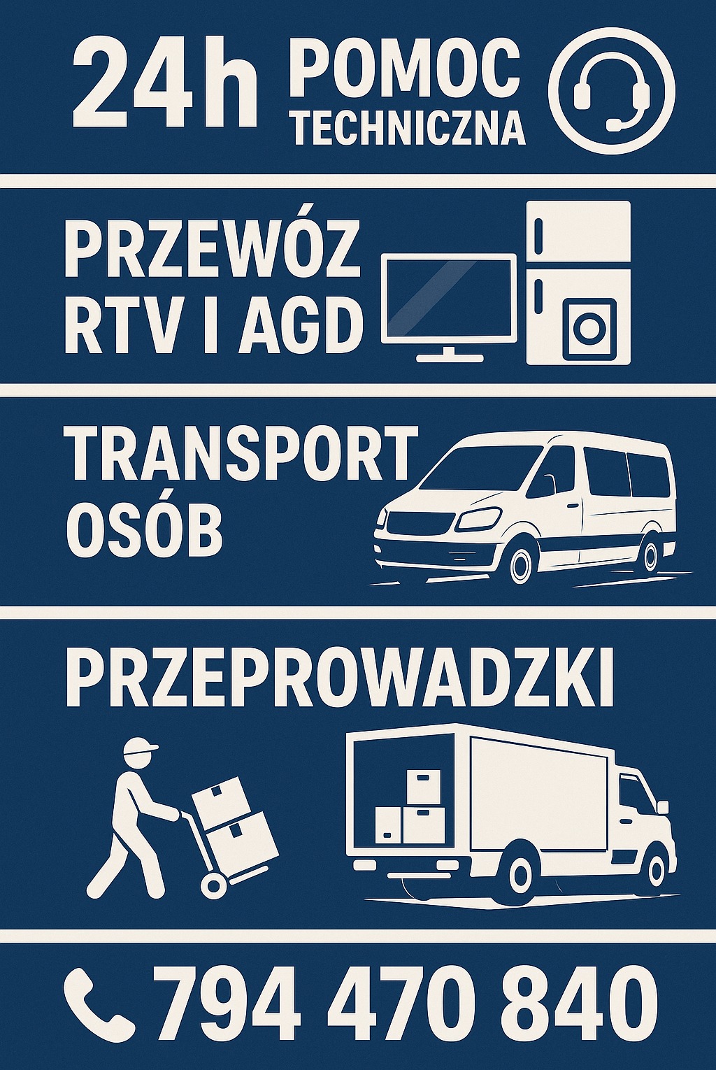 Grafika informacyjna: 24h pomoc techniczna, przewóz RTV i AGD, transport osób, przeprowadzki. Kontakt telefoniczny.
