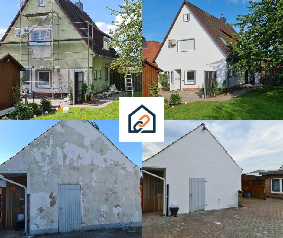 Dom przed i po malowaniu elewacji: od surowego, zielonkawego z rusztowaniami do świeżego, białego z zadbanym ogrodem. Widoczne zmiany w detalu i otoczeniu.