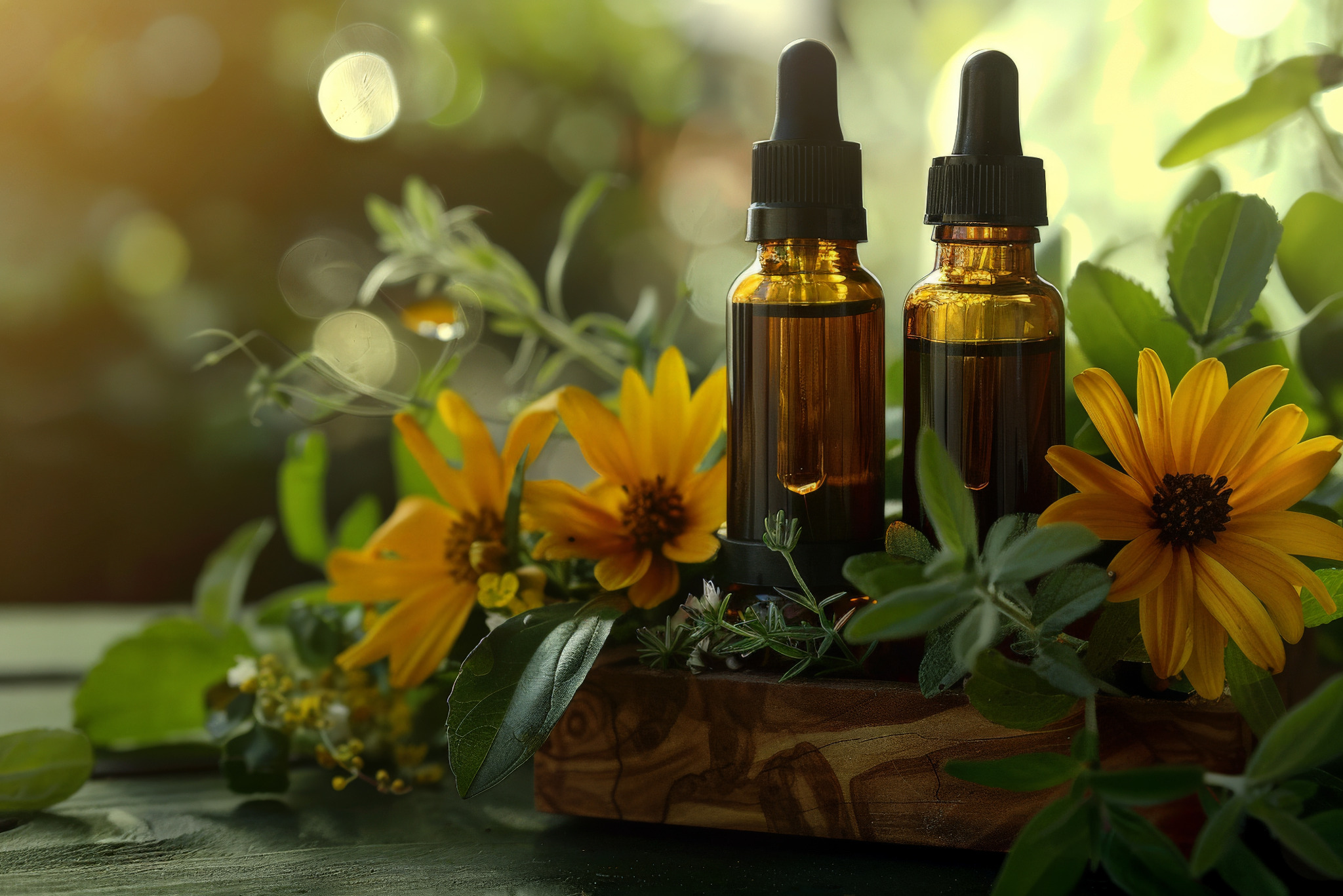 Dwie butelki z ciemnego szkła z pipetami, otoczone żółtymi kwiatami i zielonymi liśćmi, ustawione na drewnianej podstawie. Delikatne światło słoneczne w tle.