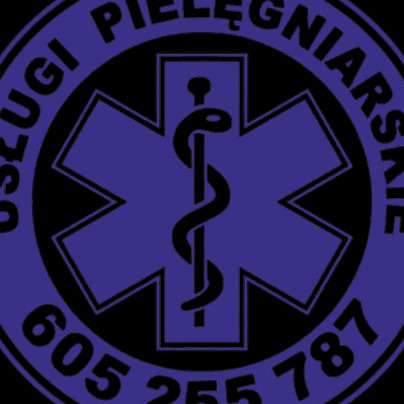 Logo usług pielęgniarskich: niebieski krzyż życia z Eskulapem w centrum, otoczony nazwą firmy i numerem telefonu. Grafika na czarnym tle.