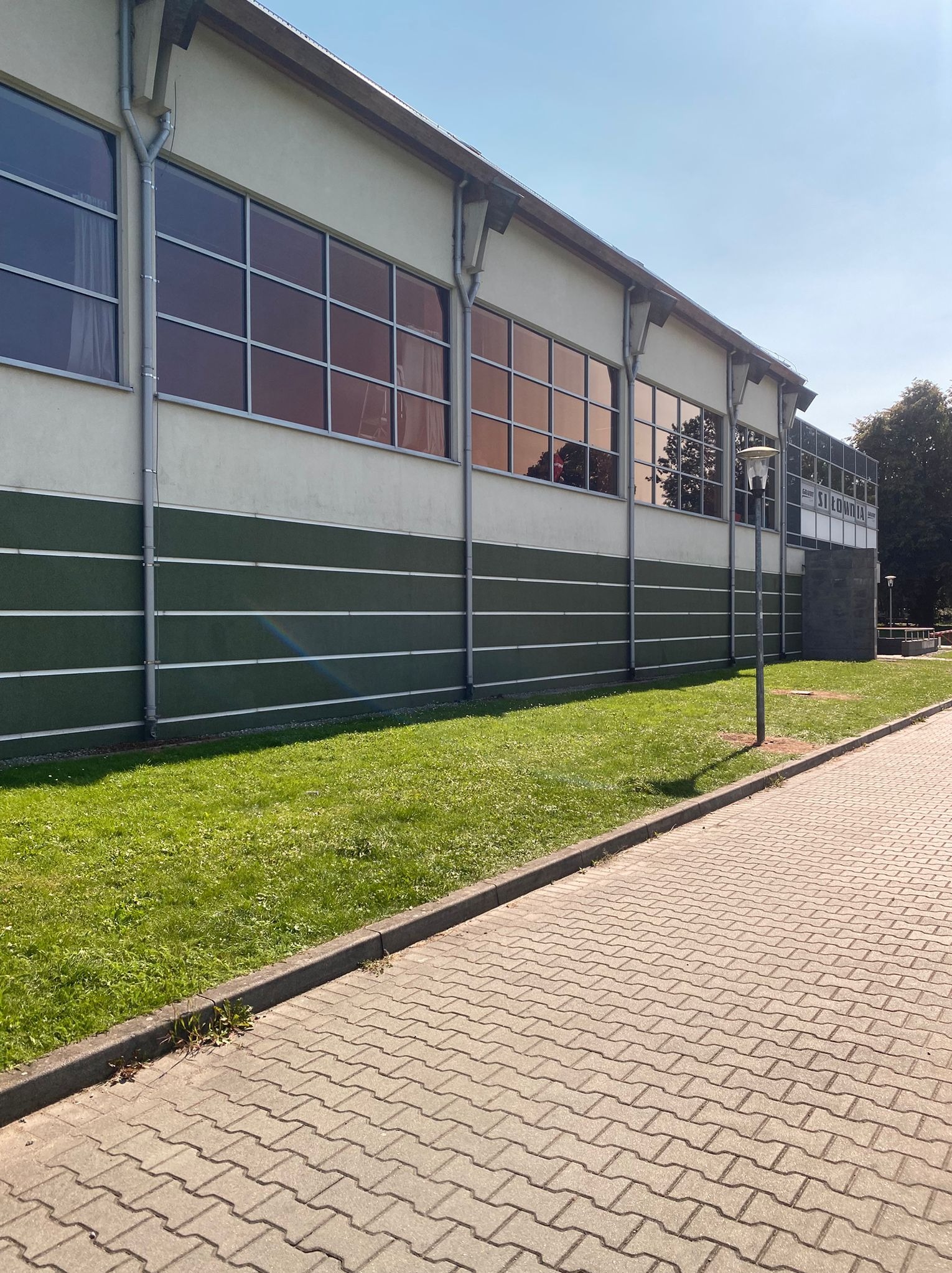 Elewacja budynku z dużymi oknami i zielonym pasem, widok z poziomu chodnika. Widoczne trawnik i lampa uliczna. Budynek oświetlony słonecznym światłem.