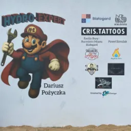 Mural reklamowy na ścianie budynku z postacią hydraulika w stylu Mario, logotypami firm i napisem 'Dariusz Pożyczka'.