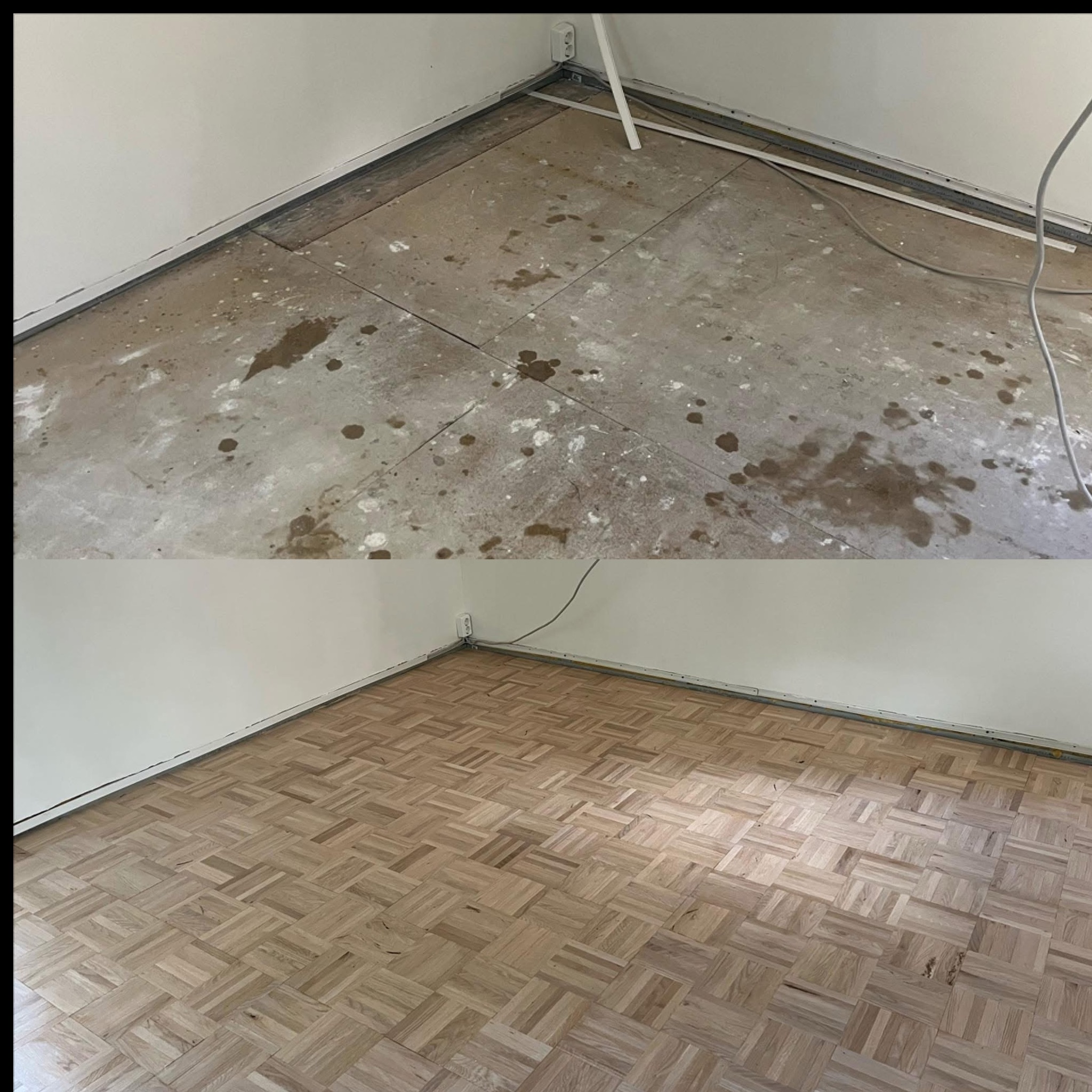 Zdjęcie 'przed i po' prezentujące odnowioną podłogę z parkietu w jodełkę. Górna część ukazuje stan surowy, dolna - efekt po ułożeniu parkietu i wykończeniu.