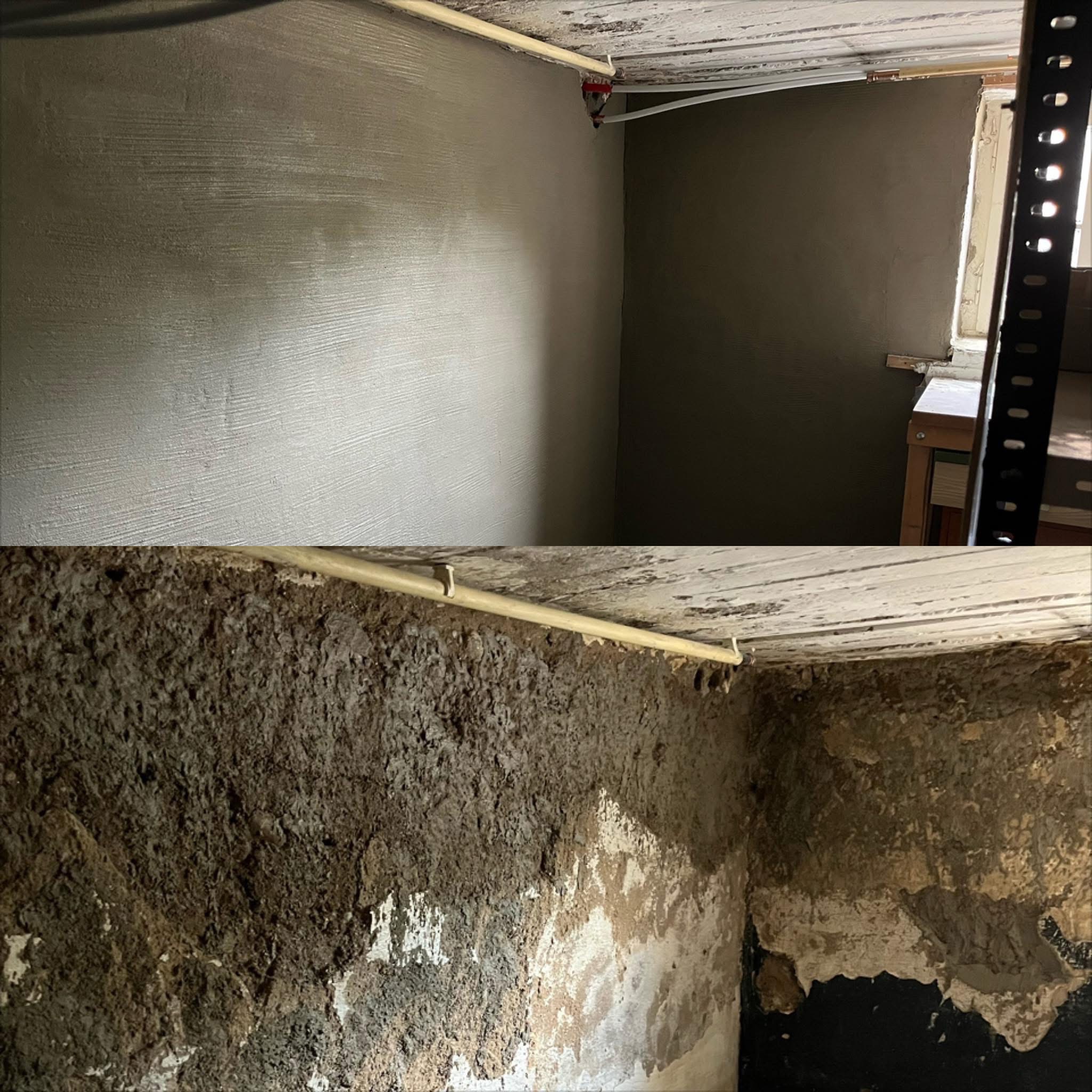 Zdjęcie 'przed i po' ukazujące fragment ściany: dolna część z nierównościami i ubytkami, górna po nałożeniu gładzi szpachlowej z widoczną fakturą. Widoczne rury.