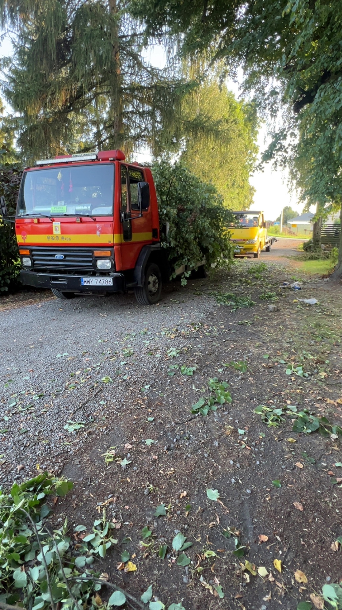 Czerwona ciężarówka Ford Cargo z załadowanymi gałęziami na żwirowej drodze, w tle żółty bus i drzewa. Widoczne porozrzucane gałęzie na ziemi.