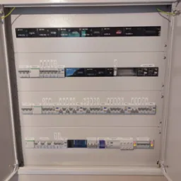 Rozdzielnica elektryczna z modułami firmy Ampio, widoczne bezpieczniki, wyłączniki RCD i moduły sterujące. Otwarta obudowa, kable ochronne.