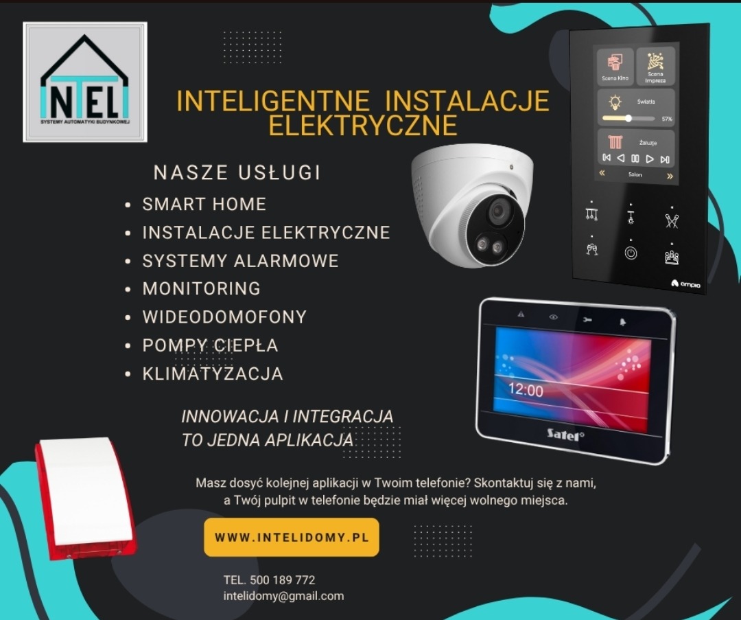 Grafika reklamowa inteligentnych instalacji elektrycznych: panel sterowania, kamera, alarm, z ofertą smart home, monitoring, wideodomofony, klimatyzacja.