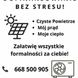 Grafika informacyjna: Dofinansowanie bez stresu! Czyste powietrze, Mój prąd, Moje ciepło. Załatwianie formalności, numer telefonu i adres e-mail.