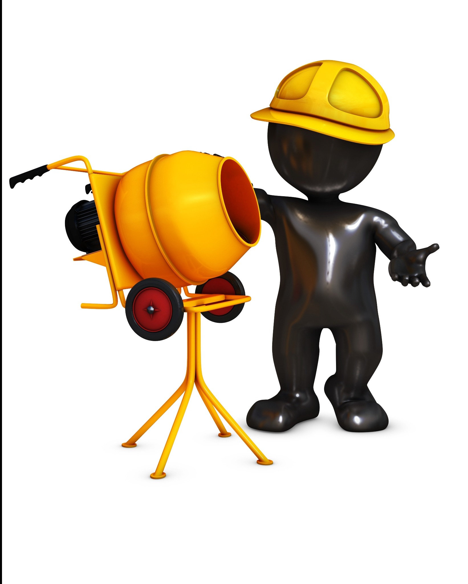 Żółta betoniarka z czarną figurką robotnika w kasku na białym tle. Grafika 3D prezentuje sprzęt budowlany i postać w pozie zapraszającej do pracy.