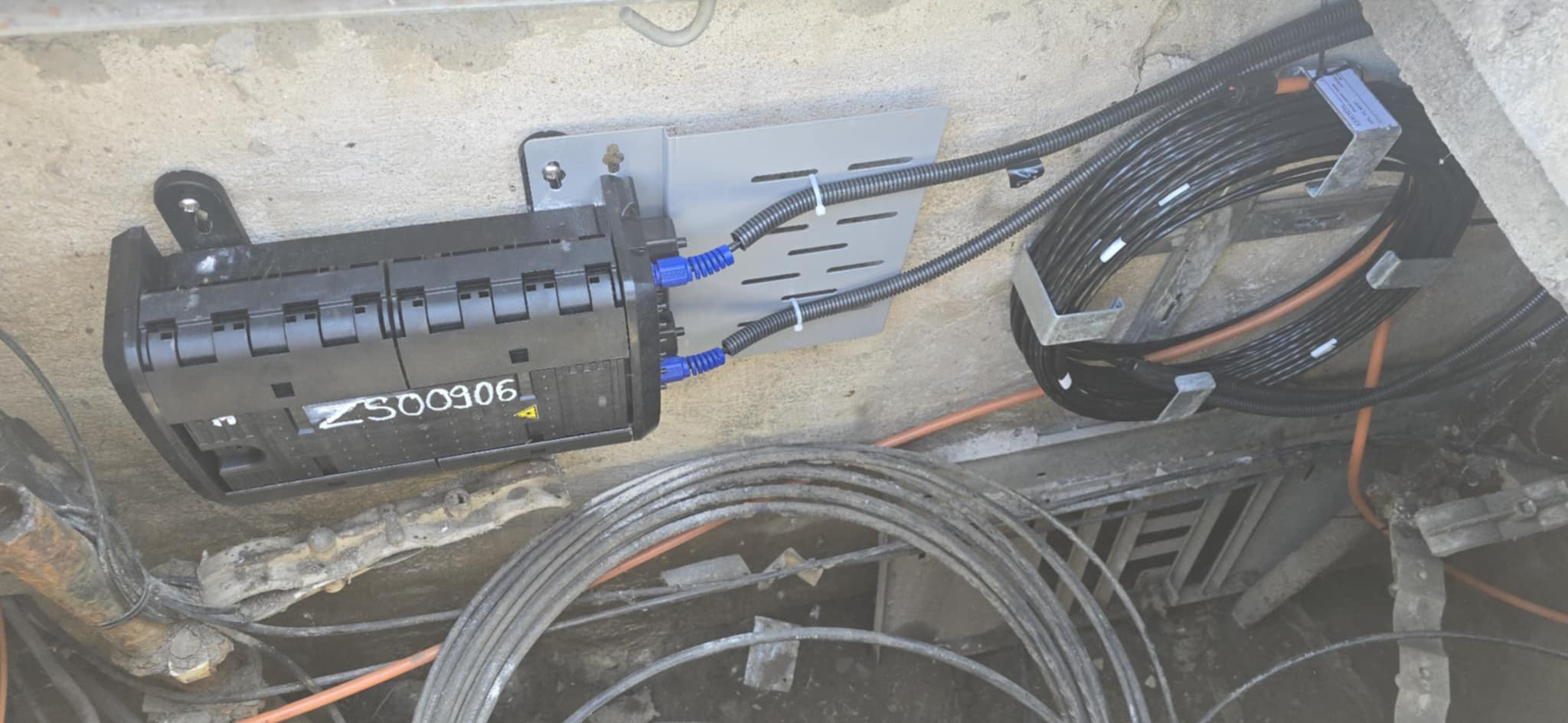 Zamknięta czarna skrzynka telekomunikacyjna ZS00906 z podłączonymi niebieskimi kablami RJ45, zamontowana na szarej płycie, widok z góry na kable w korycie.