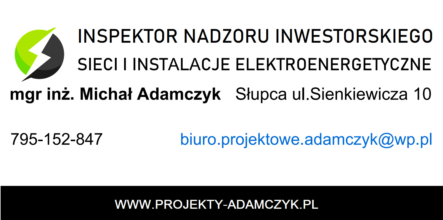 Logo firmy: Inspektor Nadzoru Inwestorskiego sieci i instalacji elektroenergetycznych. Dane kontaktowe: adres, telefon, e-mail, strona www.
