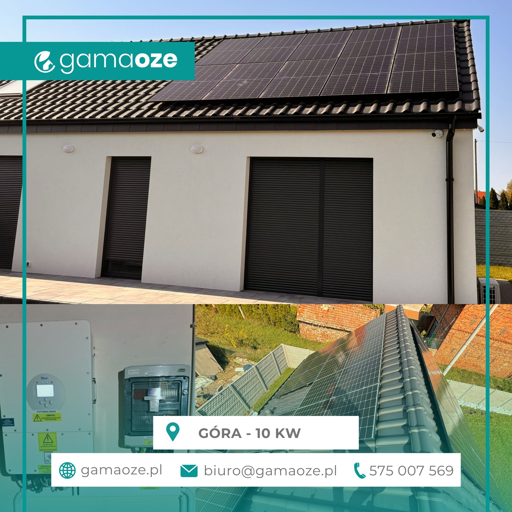 Instalacja paneli fotowoltaicznych na dachu budynku z roletami zewnętrznymi. Widoczne panele, inwerter i skrzynka bezpiecznikowa. Górna - 10kW.