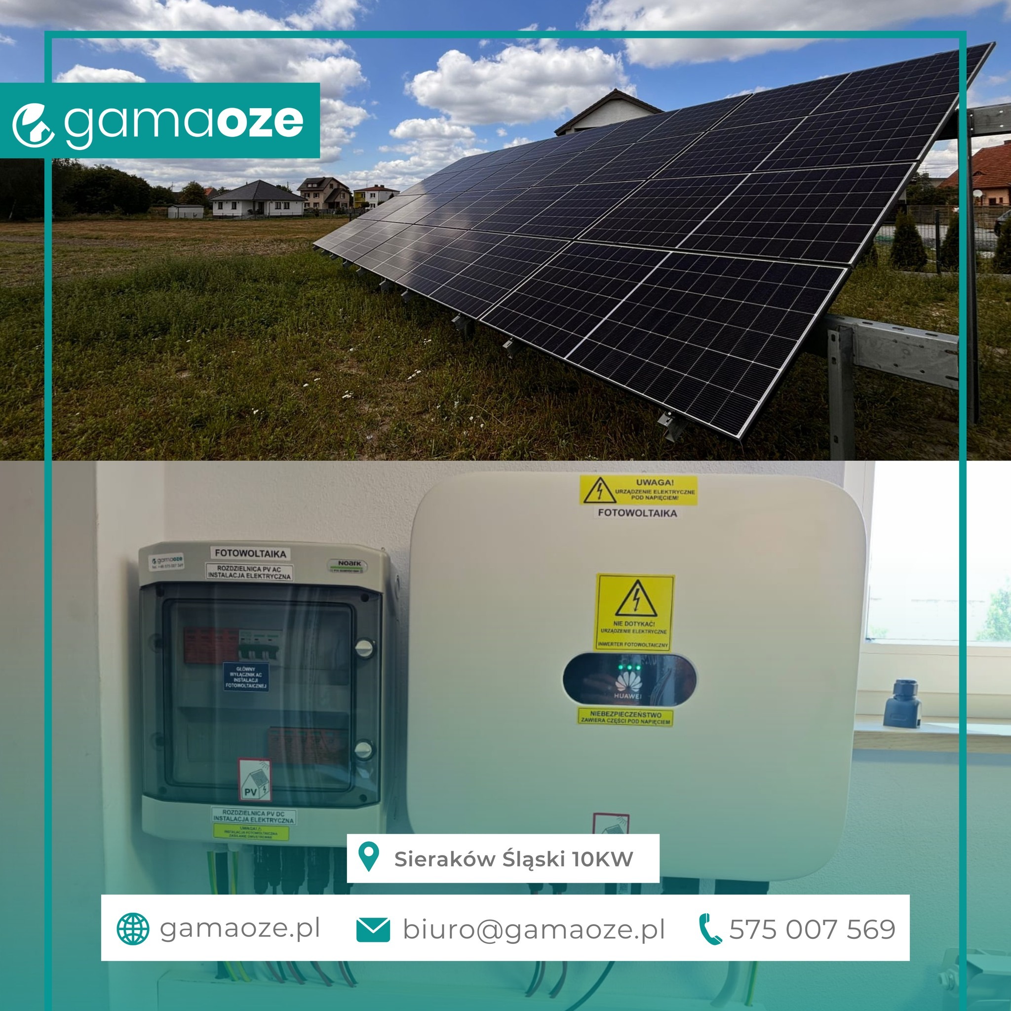 Czarna instalacja fotowoltaiczna na trawiastym terenie i biała skrzynka elektryczna z ostrzeżeniami, Sieraków Śląski 10kW, widok z bliska.