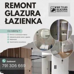Grafika reklamowa: Remont glazura łazienka. Usługi: aranżacja, układanie płytek, malowanie, wykończenie. Kontakt: 791 306 669. Wizualizacje łazienek.