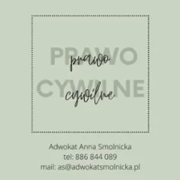 Grafika z napisem 'Prawo Cywilne' w ozdobnej ramce, dane kontaktowe adwokat Anny Smolnickiej poniżej, na stonowanym, oliwkowym tle.