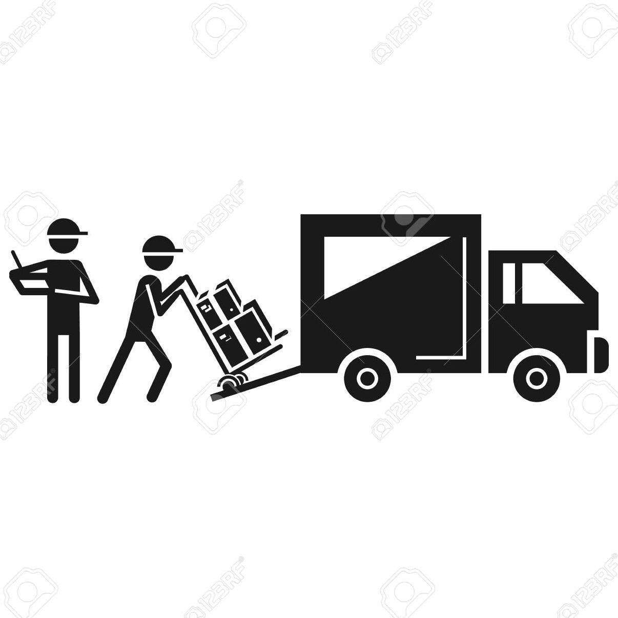 Czarno-biały piktogram przedstawia dwóch mężczyzn i ciężarówkę z kartonami, symbolizujący usługi transportowe lub przeprowadzkowe.