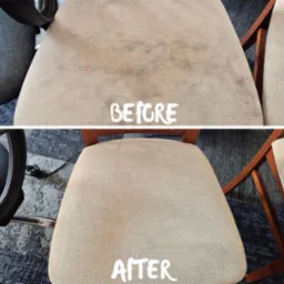 Krzesło biurowe tapicerowane beżową tkaniną: góra - przed czyszczeniem, widoczne plamy; dół - po czyszczeniu, bez plam. Efekt 'przed i po'.