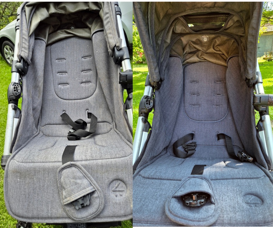 Wózek dziecięcy z szarą tapicerką, widoczny efekt czyszczenia: po lewej stronie zabrudzona, po prawej odświeżona tapicerka z zapięciem.