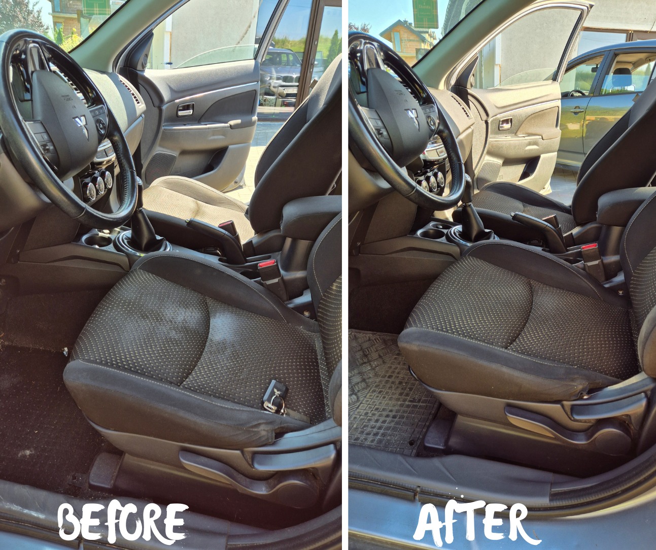 Tapicerka samochodowa przed i po czyszczeniu: wyraźna różnica w czystości fotela kierowcy, od zabrudzonego do odświeżonego.