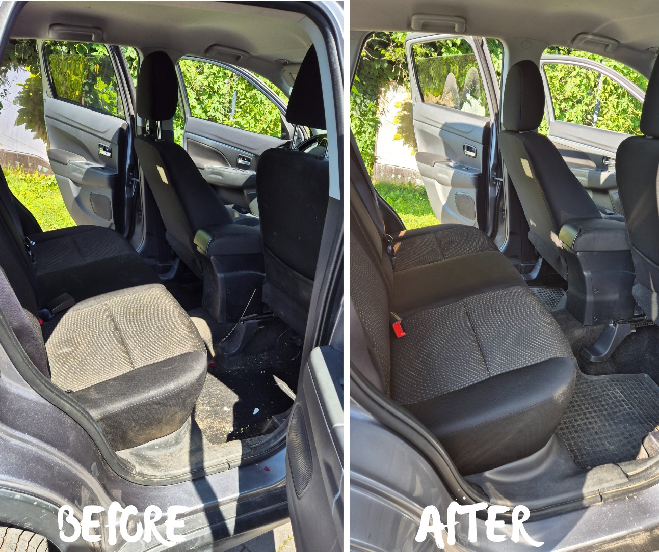 Tapicerka samochodowa przed i po czyszczeniu. Lewa strona: zabrudzone siedzenia, prawa: czyste, odświeżone. Widoczne detale: wzór materiału, dywaniki.