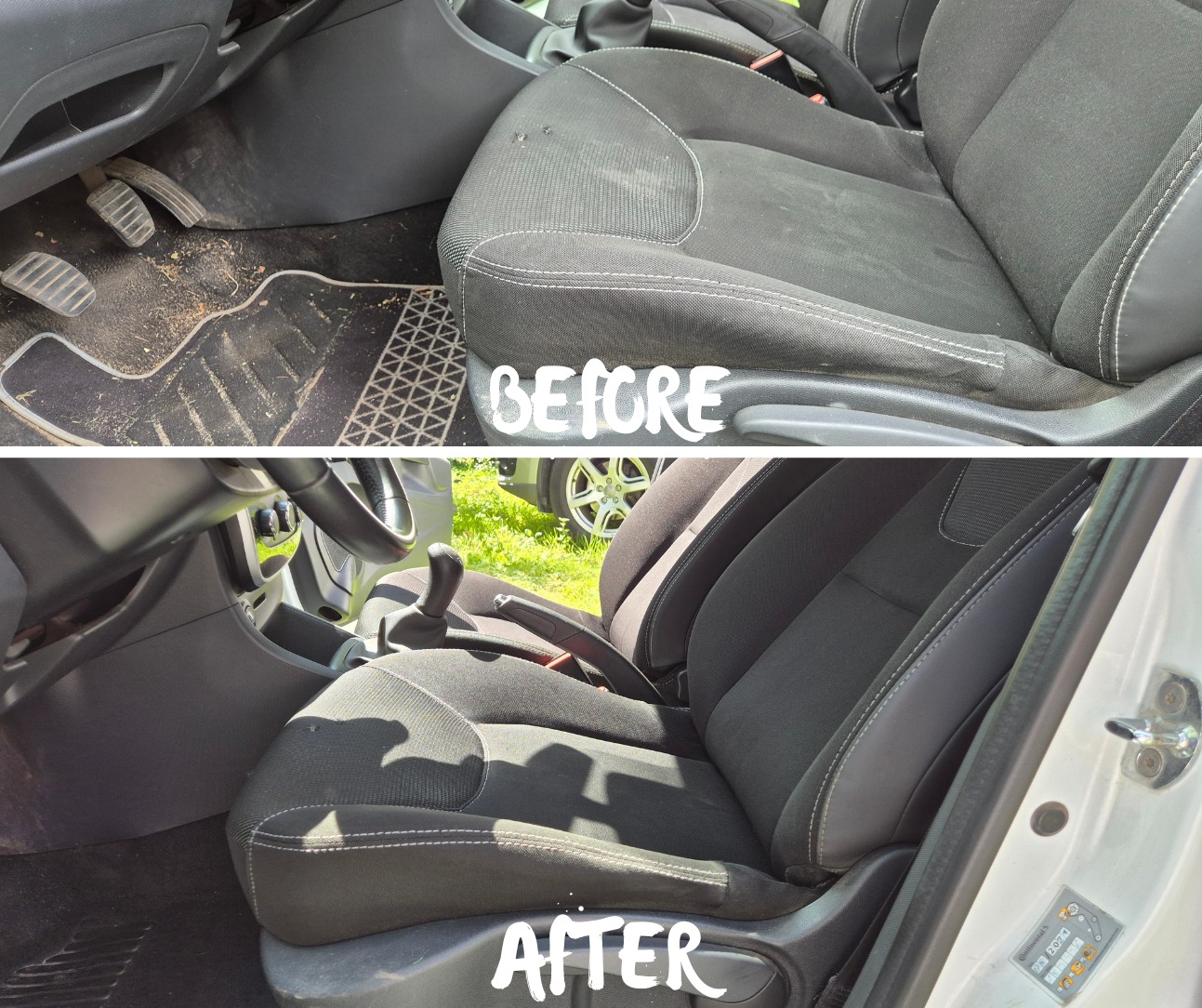 Tapicerka samochodowa: efekt przed i po czyszczeniu. Widoczne zabrudzenia na dywaniku i fotelu przed, a po czyszczeniu tapicerka odzyskuje czystość i świeżość.