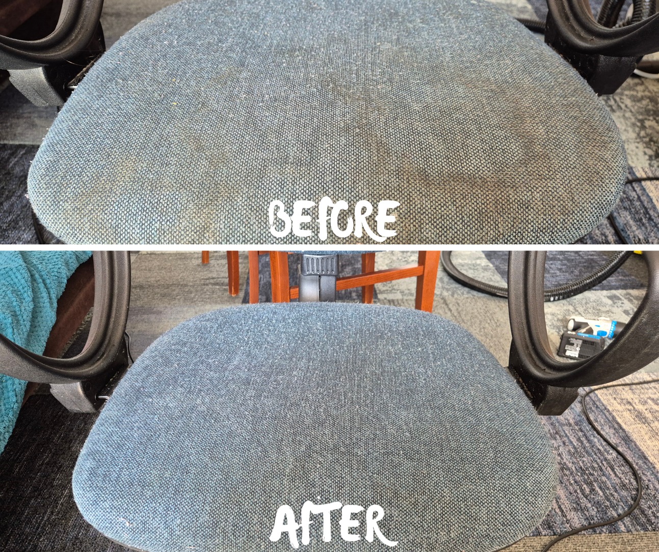 Krzesło biurowe: widok z góry przed i po czyszczeniu. Na górze widoczne zabrudzenia, na dole czysta, odświeżona tapicerka. Efekt prania tapicerki.