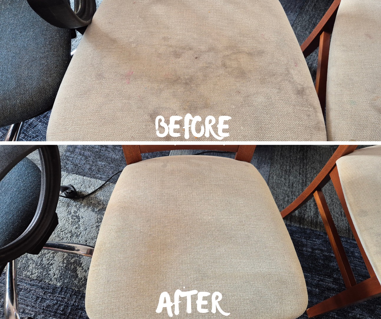 Krzesło biurowe tapicerowane beżową tkaniną: góra - przed czyszczeniem, widoczne plamy; dół - po czyszczeniu, bez plam. Efekt 'przed i po'.