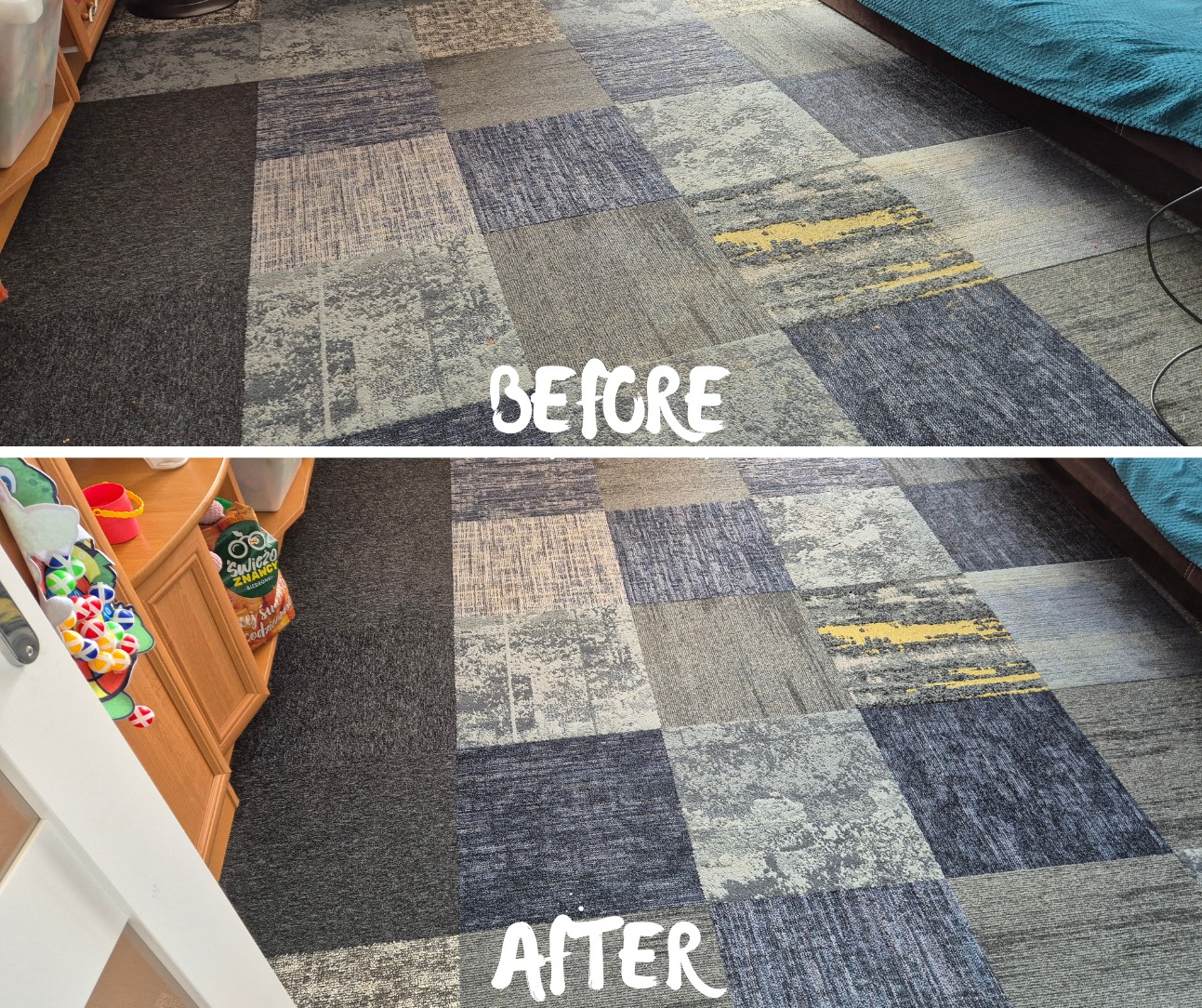 Dywan w kwadraty: porównanie 'przed' i 'po' czyszczeniu. Widoczne różnice w kolorze i czystości włókien. Perspektywa z góry.