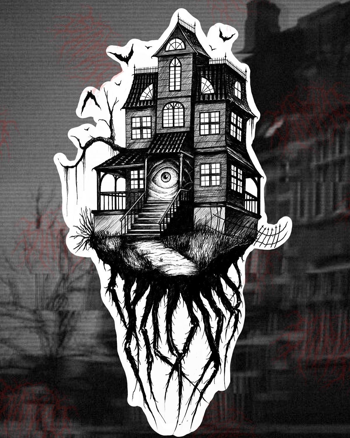 Mroczny rysunek domu z okiem zamiast drzwi, unoszącego się na korzeniach, z nietoperzami w tle. Czarno-biała grafika z elementami horroru i fantazji.