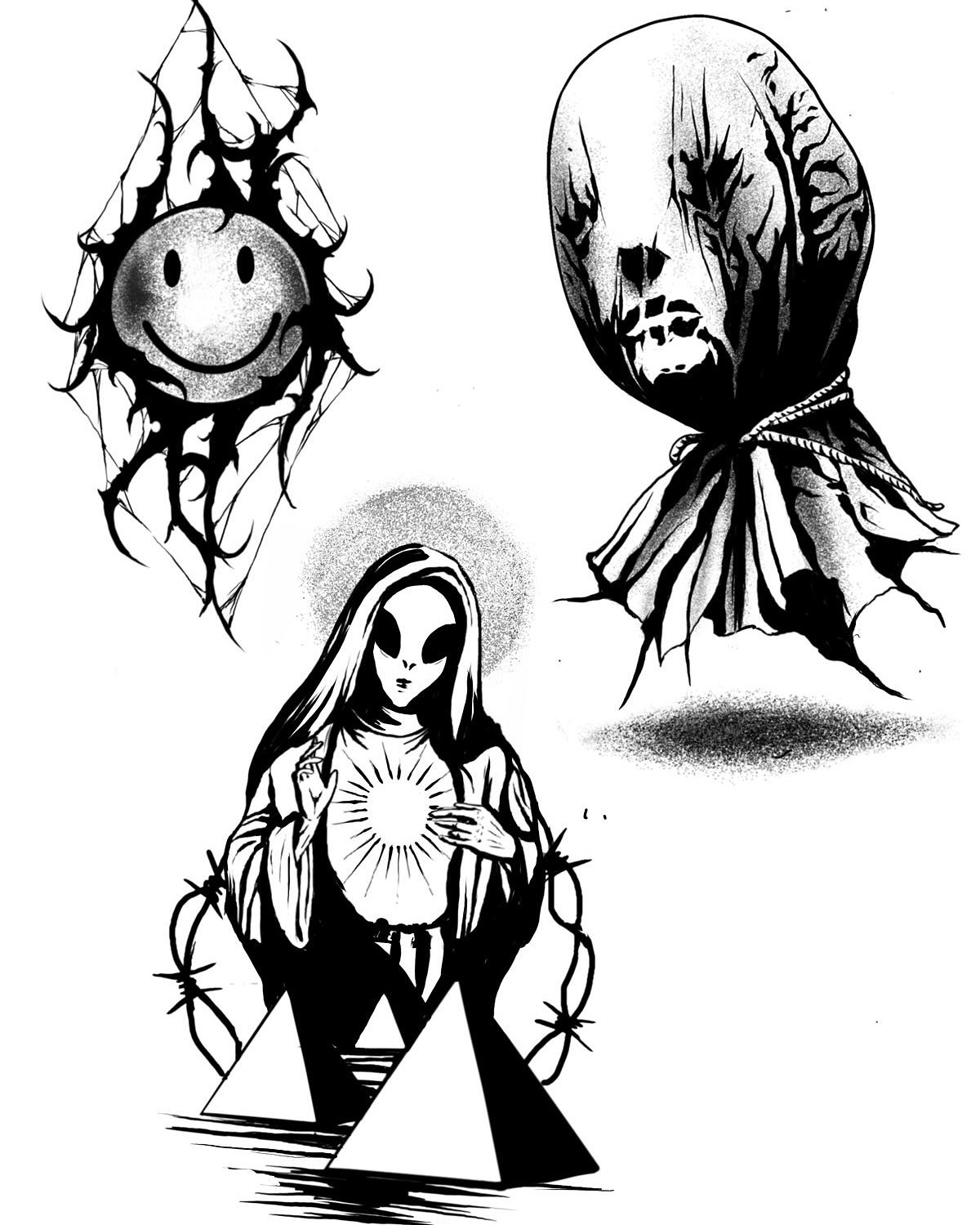 Czarno-biała grafika z trzema abstrakcyjnymi postaciami: uśmiechnięta twarz w pajęczynie, postać z workiem na głowie i postać przypominająca obcego z aureolą i piramidami.