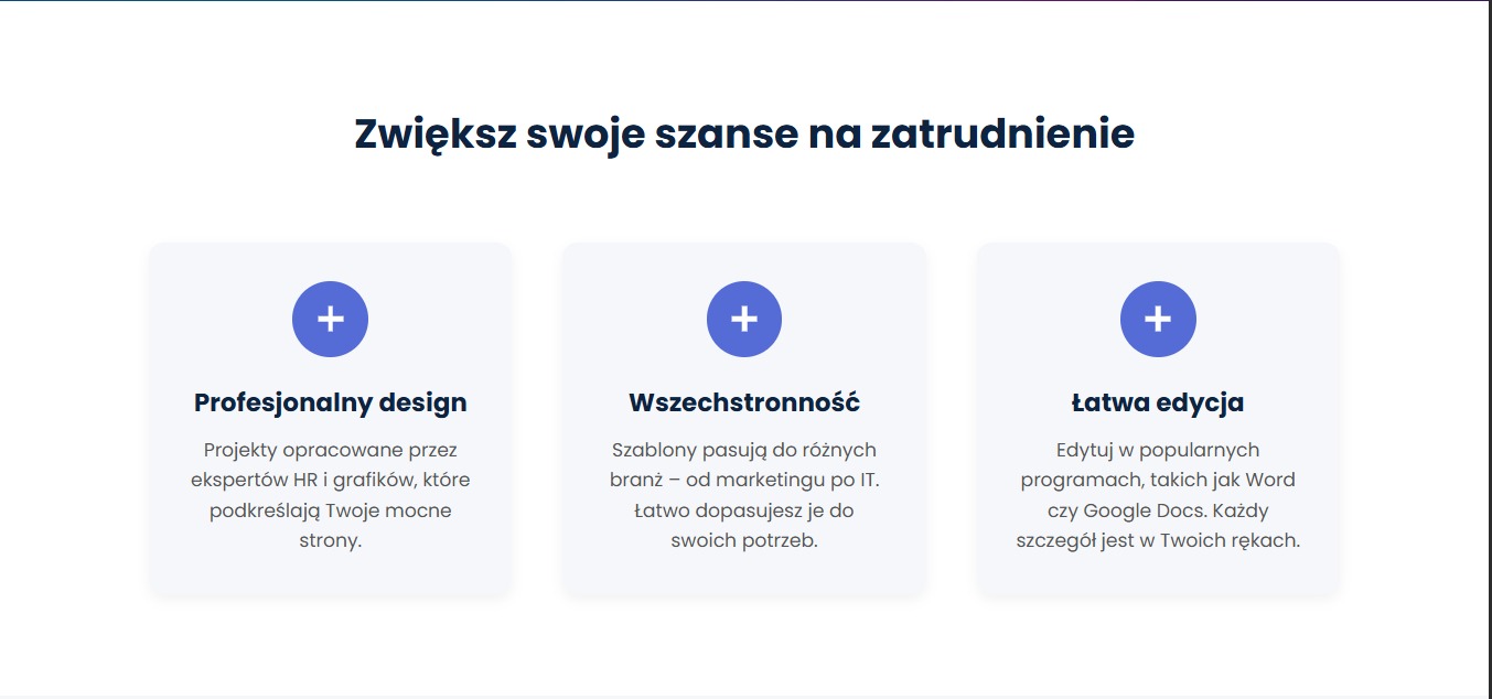Grafika z trzema ikonami plusa i opisami: profesjonalny design, wszechstronność, łatwa edycja. Tekst: Zwiększ swoje szanse na zatrudnienie.