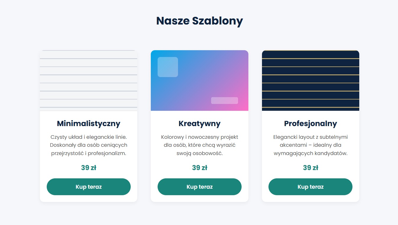 Trzy szablony graficzne: minimalistyczny, kreatywny i profesjonalny. Każdy szablon z ceną 39 zł i przyciskiem 'Kup teraz'. Różne style i układy dla różnych potrzeb.