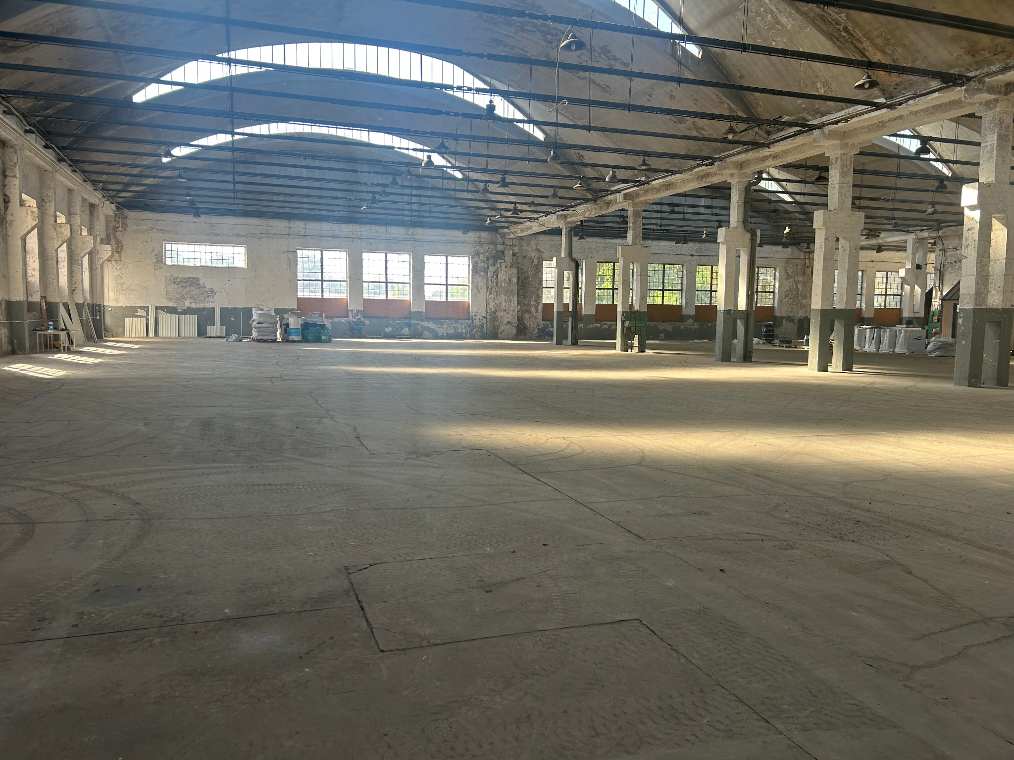 Przestronna hala magazynowa z betonową podłogą i rzędem okien w górnej części ścian. Widoczne słupy nośne i elementy konstrukcji dachu. Dostęp światła dziennego.