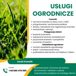 J&L s.c. Jacek Kowolik i Leszek Floriańczyk - Grafika reklamowa usług ogrodniczych: wymiana trawnika, koszenie, oświetlenie. Soczysta zieleń trawy w zbliżeniu, nazwa firmy i dane kontaktowe.
