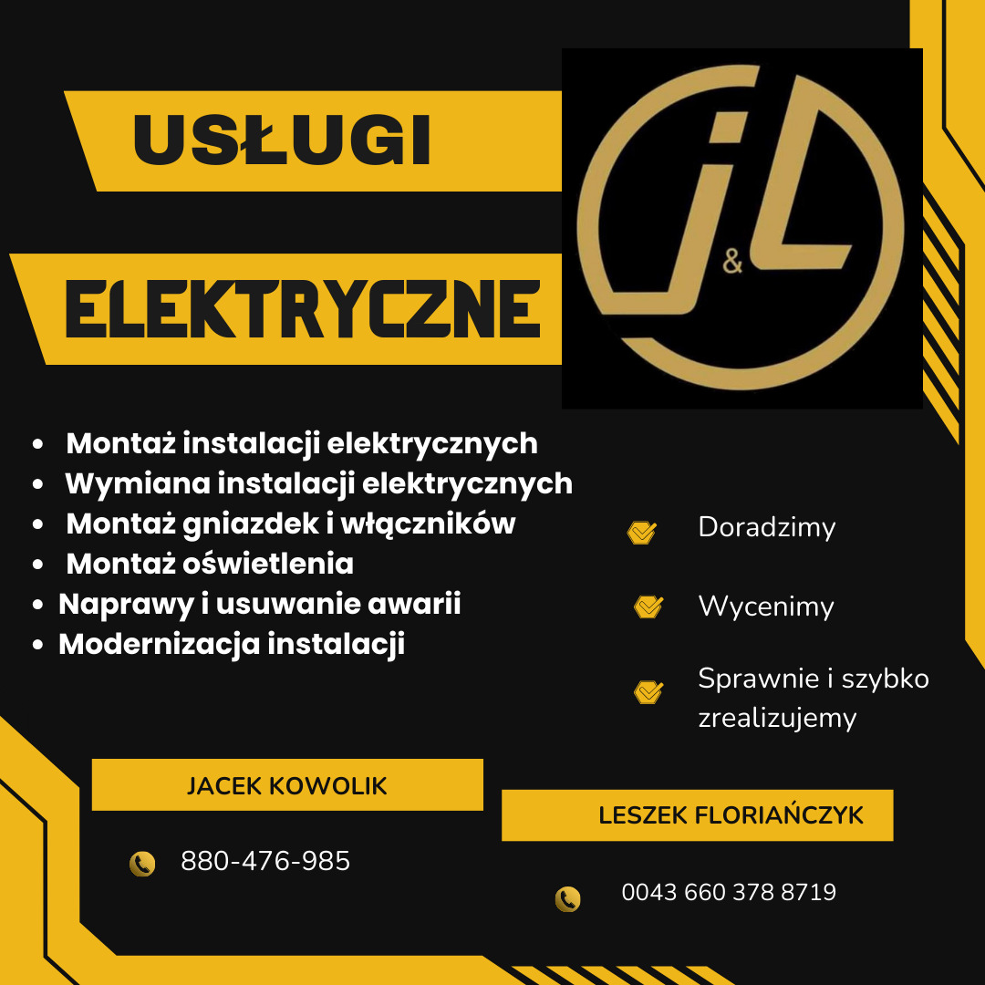 Usługi elektryczne: montaż, wymiana, naprawa instalacji, gniazdek, oświetlenia. Doradztwo, wycena, szybka realizacja. Kontakt: Jacek Kowolik, Leszek Floriańczyk.