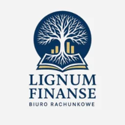 Logo firmy Lignum Finanse Biuro Rachunkowe: stylizowany rysunek drzewa wyrastającego z otwartej księgi, z wykresami słupkowymi w koronie, na granatowym tle.