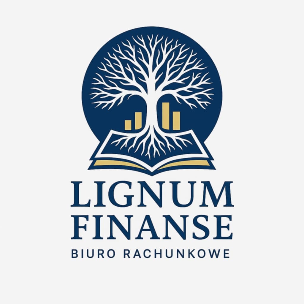Logo firmy Lignum Finanse Biuro Rachunkowe: stylizowany rysunek drzewa wyrastającego z otwartej księgi, z wykresami słupkowymi w koronie, na granatowym tle.