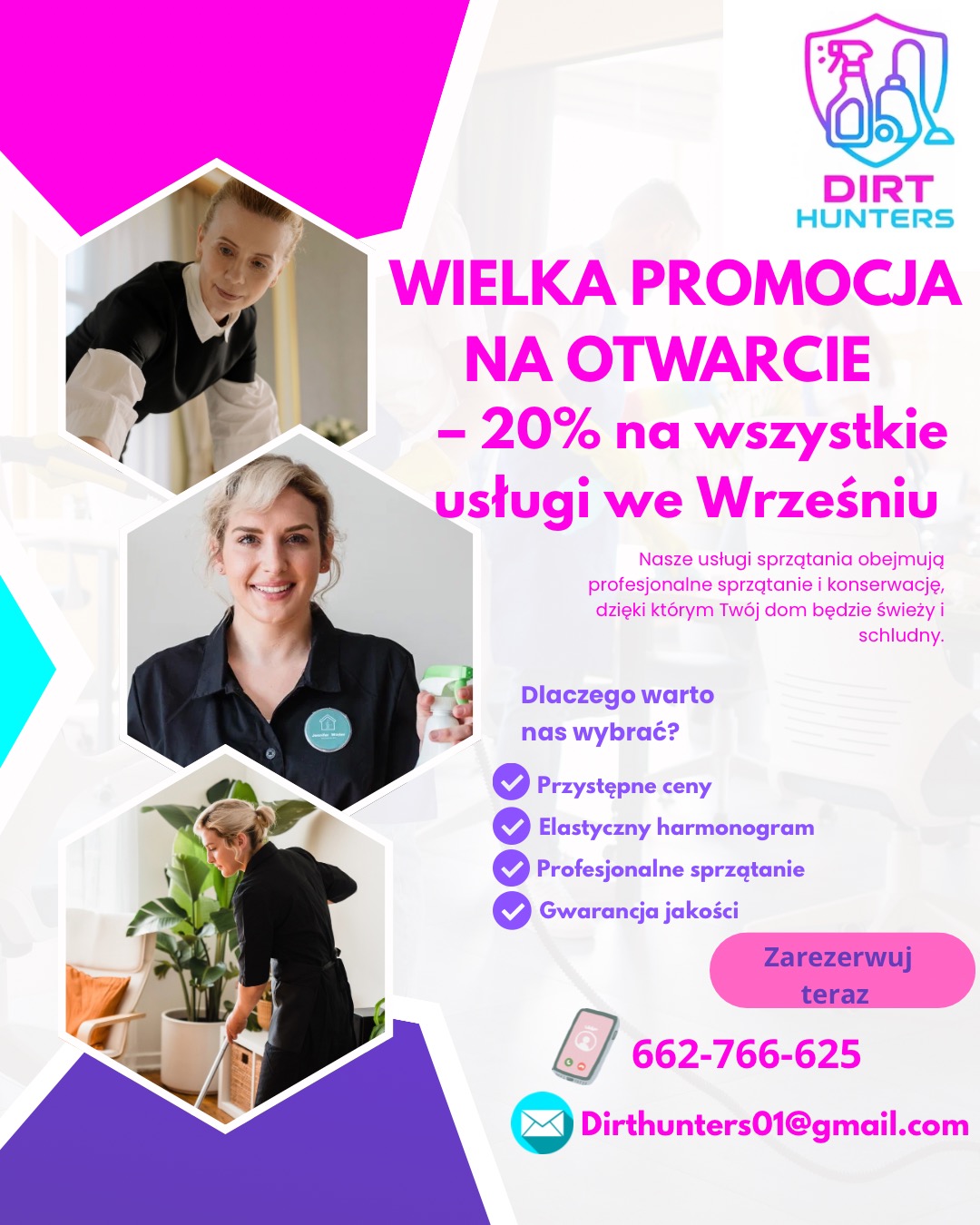 Promocja firmy sprzątającej Dirt Hunters na otwarcie: -20% na usługi we wrześniu. Profesjonalne sprzątanie i konserwacja dla świeżego i schludnego domu.