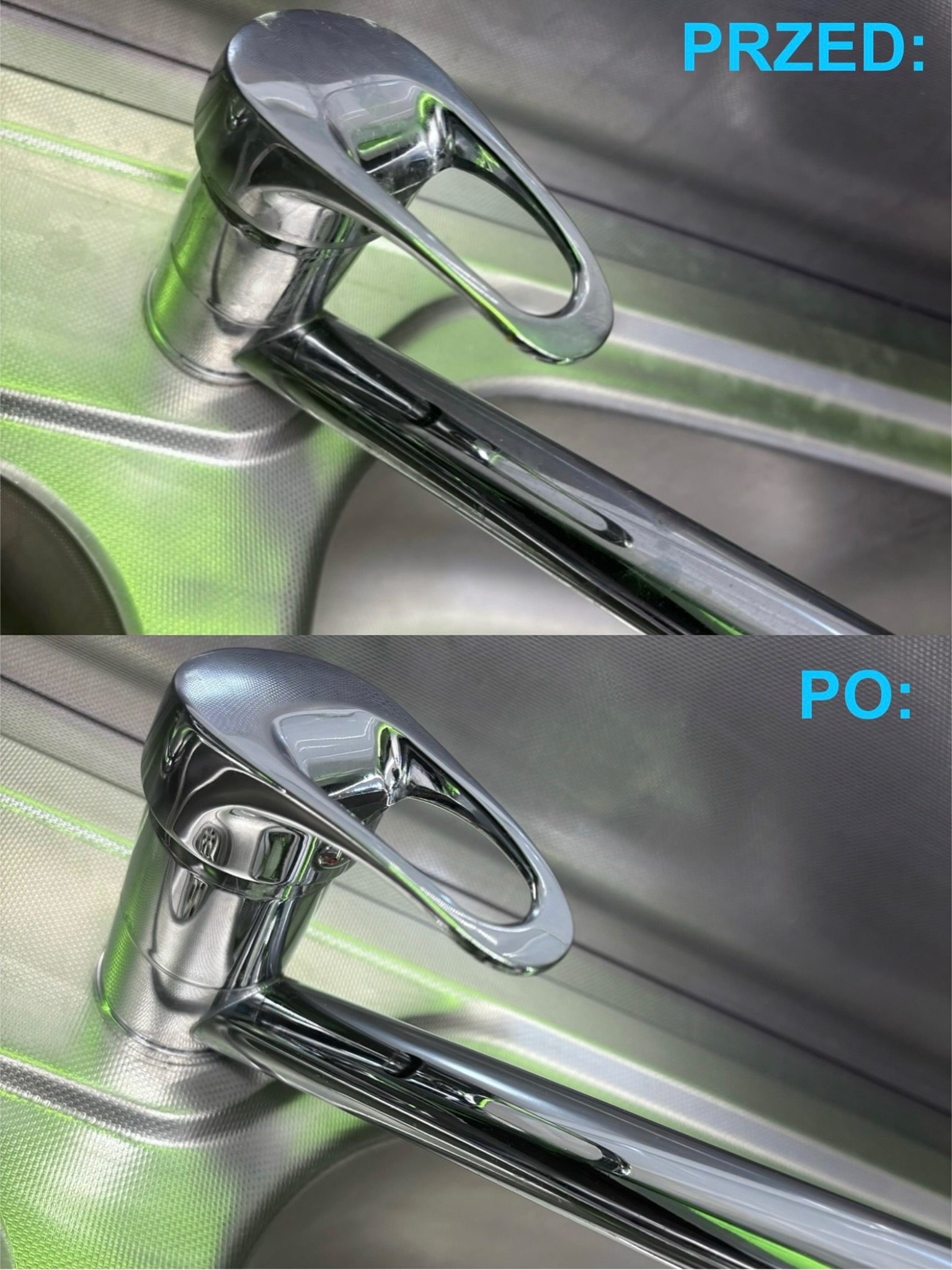 Bateria kuchenna przed i po czyszczeniu, z wyraźnym połyskiem chromu i usuniętymi zabrudzeniami, ujęcie z bliska, ukazujące różnicę w czystości.