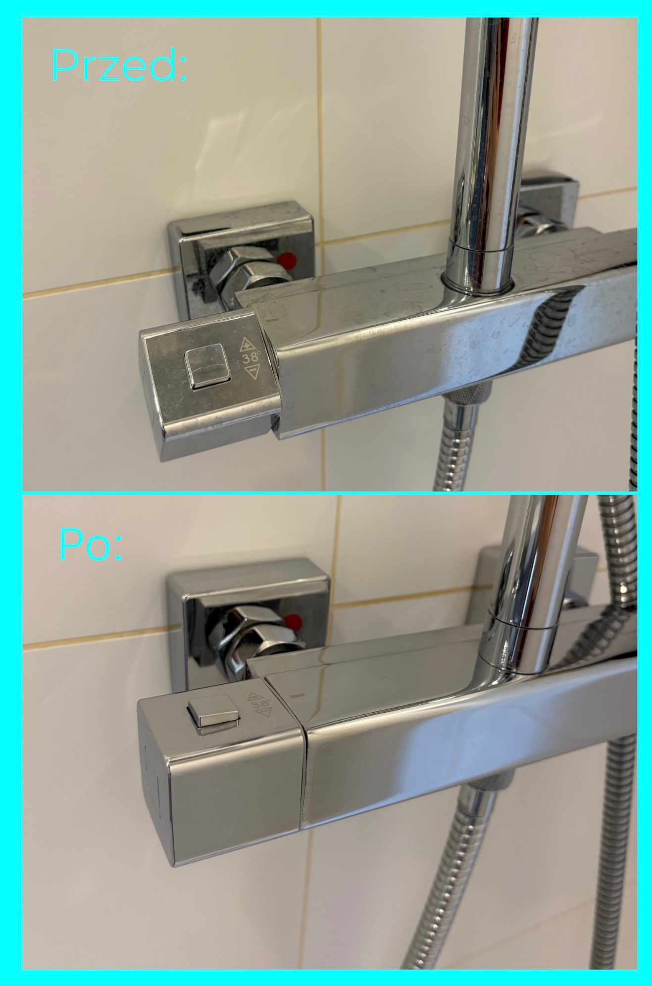 Bateria prysznicowa przed i po czyszczeniu. Widoczne osady i połysk chromu po zabiegu. Ukazane na białych płytkach.