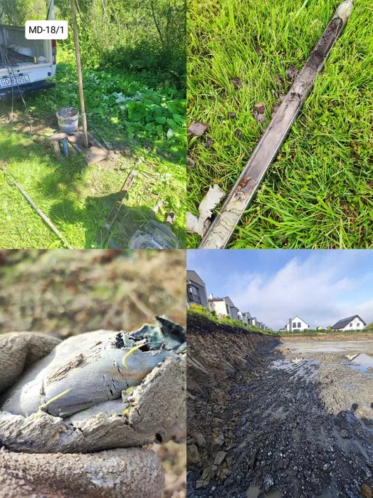 Montaż wiertnicy MD-18/1 i analiza rdzenia glebowego na trawie, próbka gleby w rękawicach i odsłonięty profil gruntu z budynkami w tle.