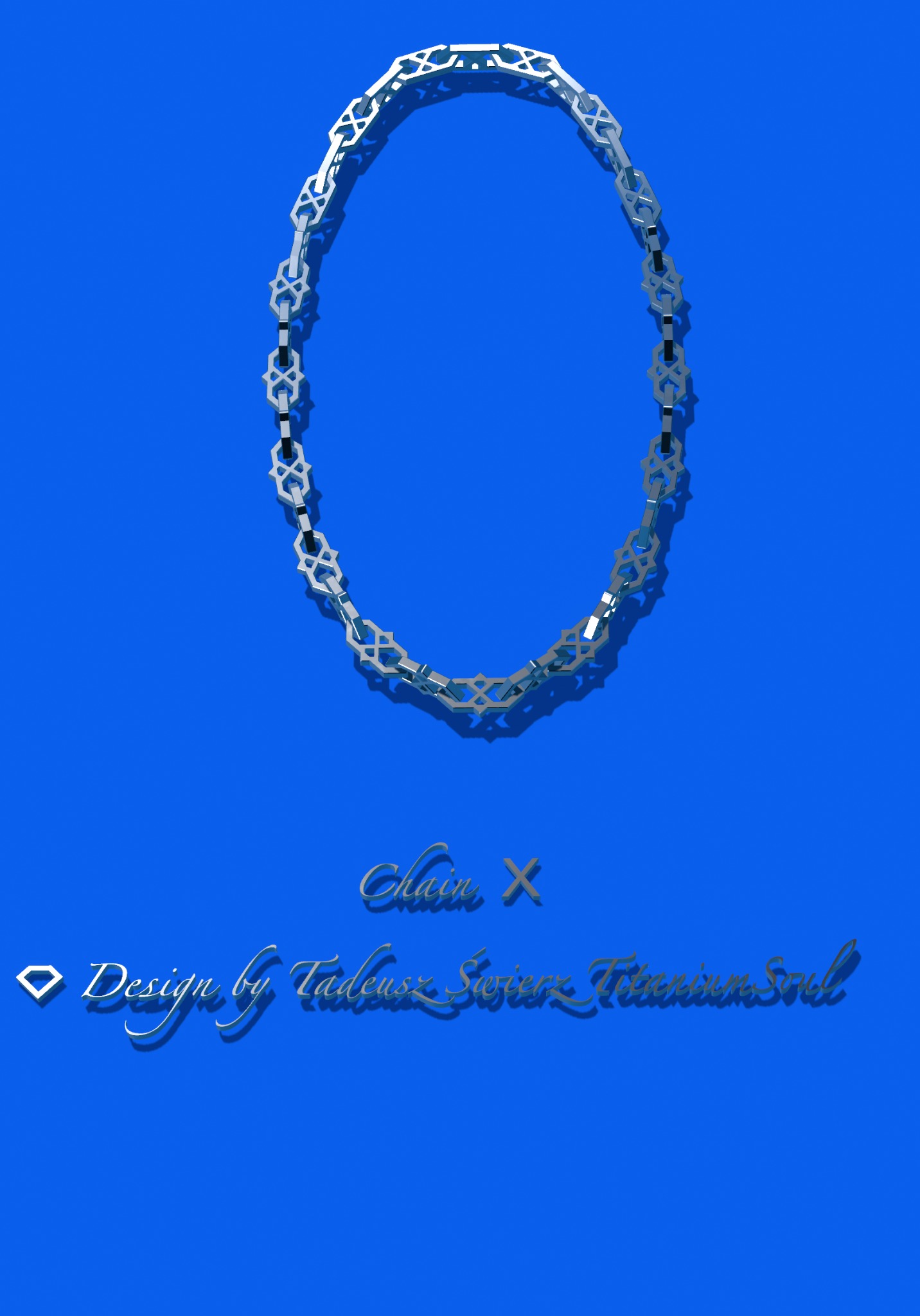 Srebrny łańcuch z geometrycznymi ogniwami na niebieskim tle, z cieniem i napisem 'Design by Tadeusz Swierz Titanium Soul'.