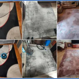 Kolaż dywanów przed i po praniu, ukazujący efekty czyszczenia różnych wzorów i kolorów, z widocznymi plamami i odświeżoną kolorystyką po zabiegu.