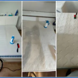 Materac łóżka po czyszczeniu, widoczne różnice w czystości. Po lewej stronie sprzęt do czyszczenia, po prawej butelka ze spryskiwaczem, wzór materaca w fale.