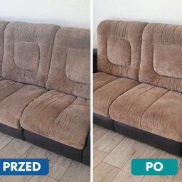 Panda Cleaner - Brązowa kanapa przed i po czyszczeniu tapicerki, widoczne wyraźne różnice w odcieniu i czystości materiału. Ujęcie typu 'przed i po' na jasnym tle.