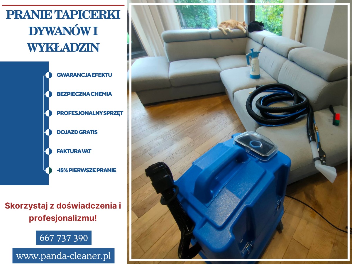 Sprzęt do czyszczenia tapicerki na tle narożnika z kotami. Widoczny odkurzacz piorący i akcesoria. Na grafice po lewej stronie hasła reklamowe firmy.