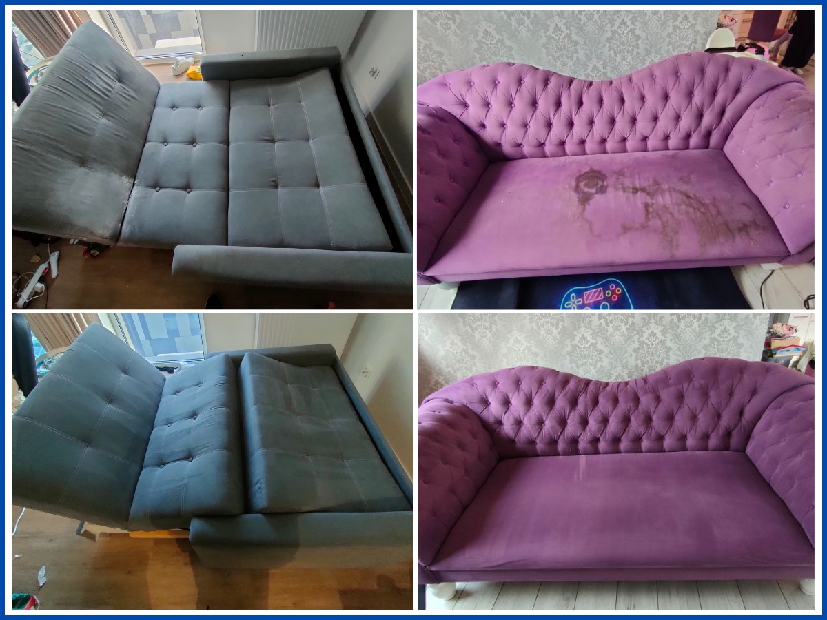 Zestawienie: szara kanapa po praniu z widoczną różnicą czystości i fioletowa sofa przed i po czyszczeniu, ukazująca usunięcie plam.