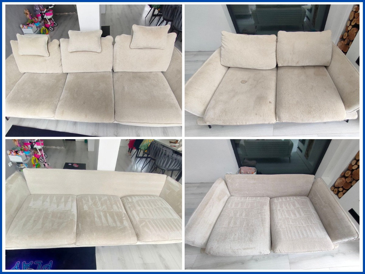 Kolaż: sofa przed i po czyszczeniu. Widoczne różnice w odcieniu tapicerki, usunięte plamy. Czyszczenie kanapy z jasnej tkaniny.