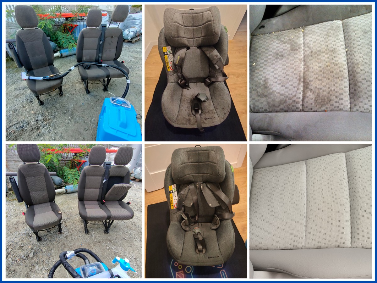 Kolaż: fotele samochodowe i fotelik dziecięcy przed i po czyszczeniu. Widoczny sprzęt do prania tapicerki.